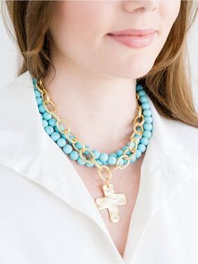 Susan Shaw Turquoise Bead Layered Necklace with Gold Cross Pendant
